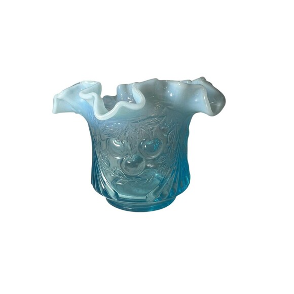 Vintage LG Wright Blue Glass Opalescent Raised Cherry Design Vase MCM 1960’s - Picture 5 of 11